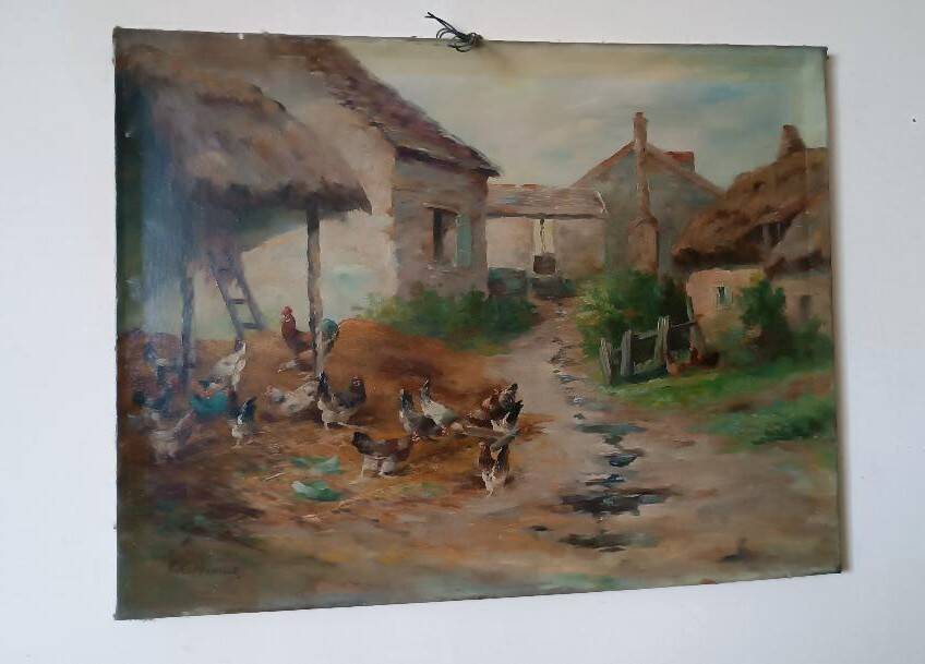 Oil painting on canvas Edmond Van Coppenolle (1846-1914) Landscape with chickens