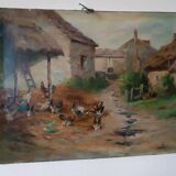 Oil painting on canvas Edmond Van Coppenolle (1846-1914) Landscape with chickens