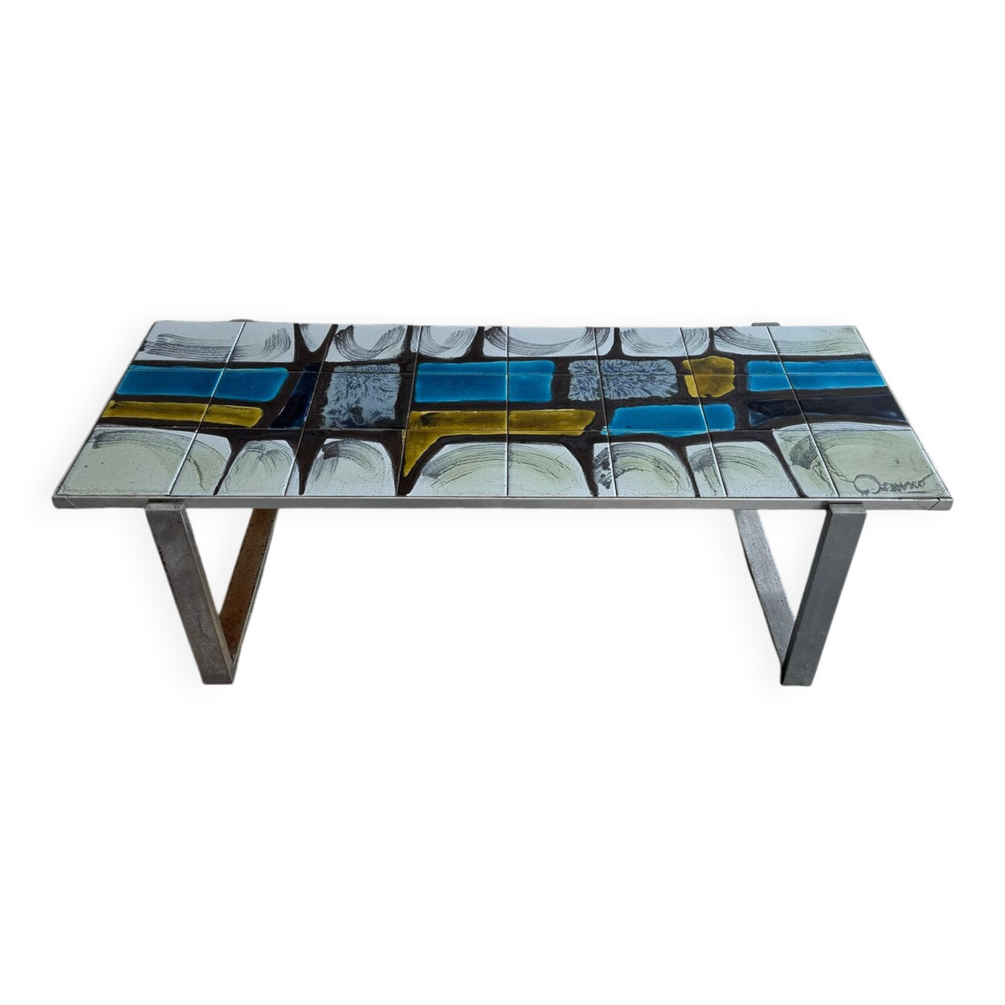 1970s Belgian Ceramic Mosaic Coffee Table by Belarti/Denisco — Multicolour Tiles, Black Metal Frame