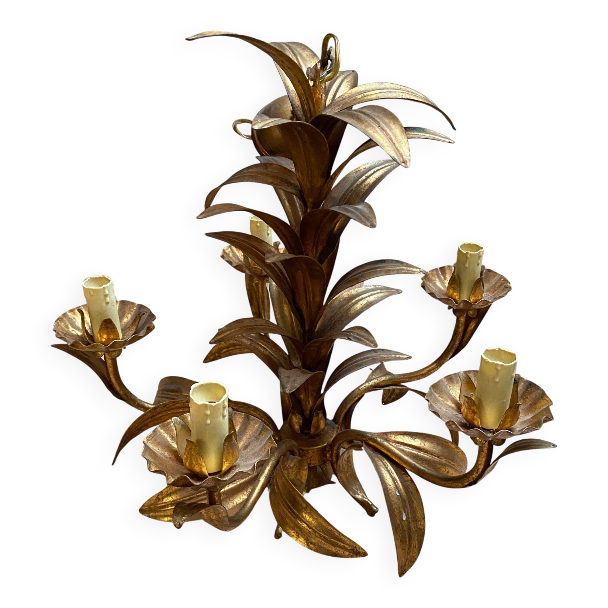 1960s Hollywood Style Gold Metal Chandelier, Fleuri