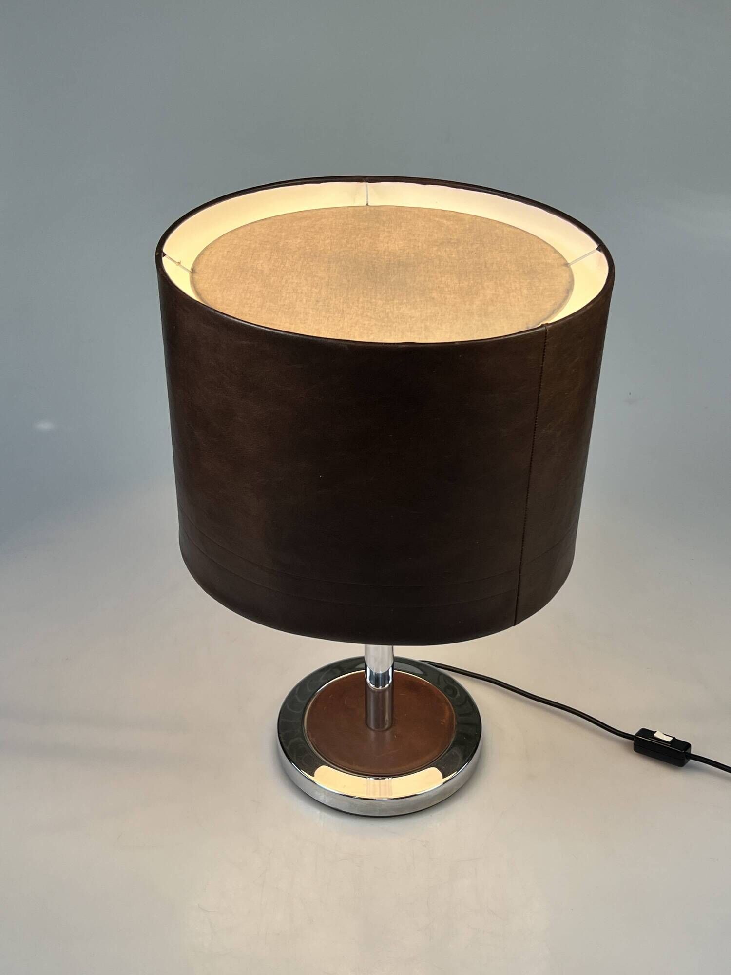 Vintage Table Lamp, Chromed Base and Leather Shade. 1970's