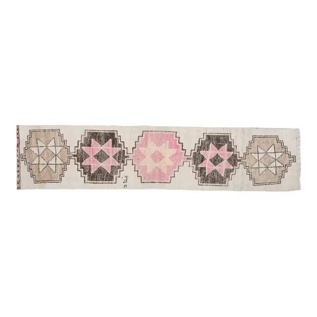 Vintage Turkish Oushak Pink Brown Wool Rug 72x312