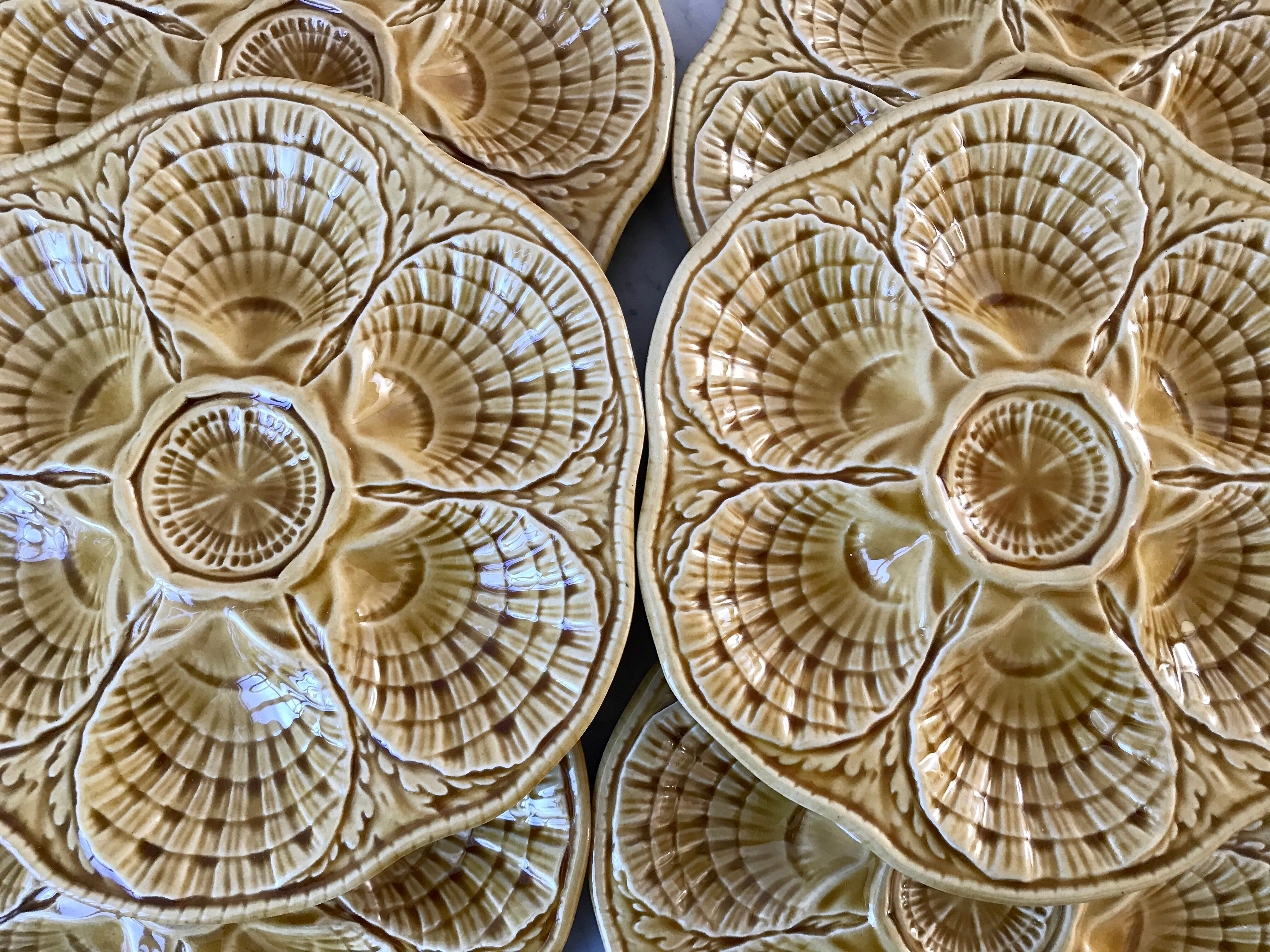 Set of 6 digoin Sarreguemines oyster plates in mustard yellow slurry