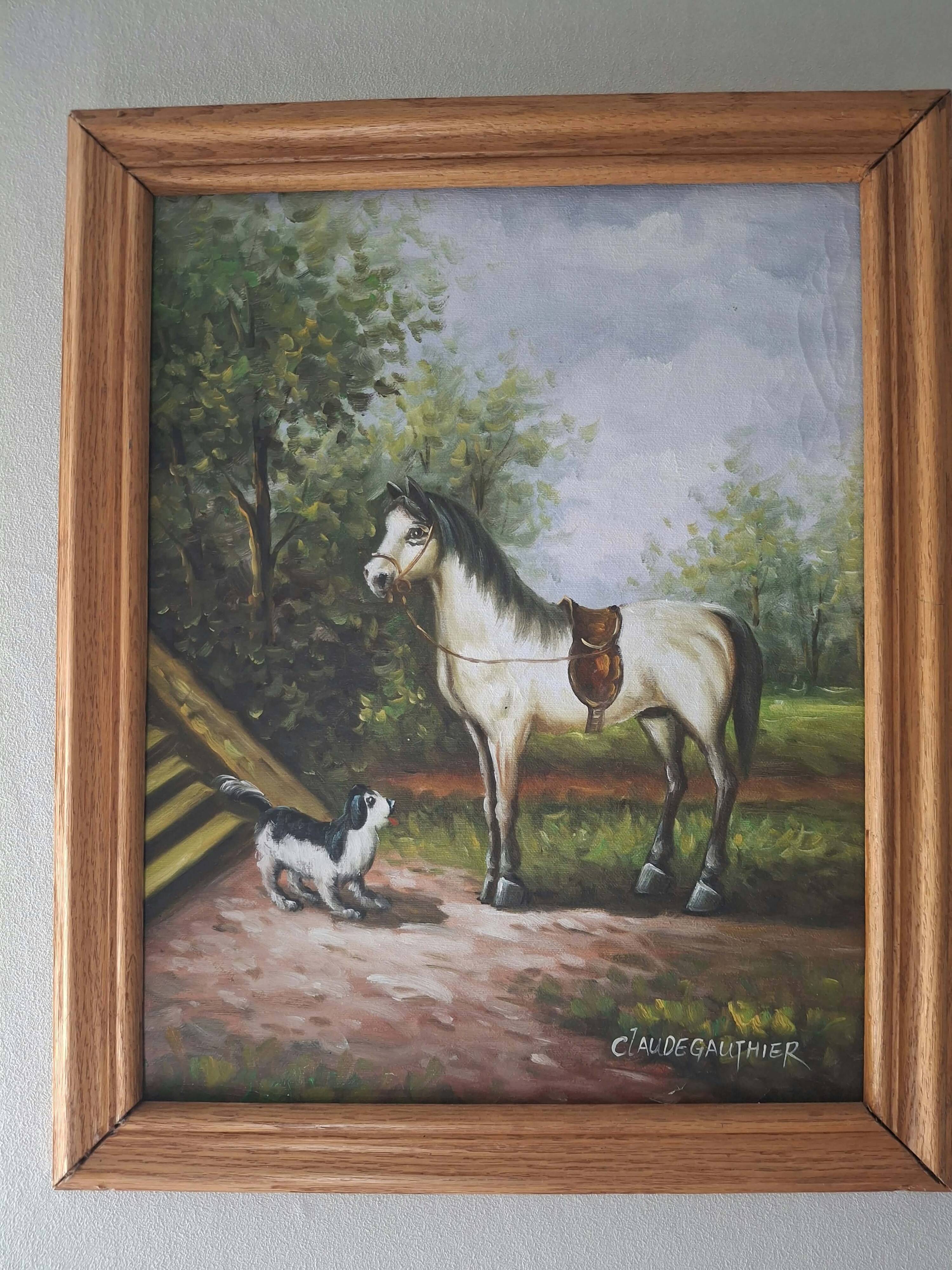 Table by claude gauthier: equestrian portrait with a horse in a park.