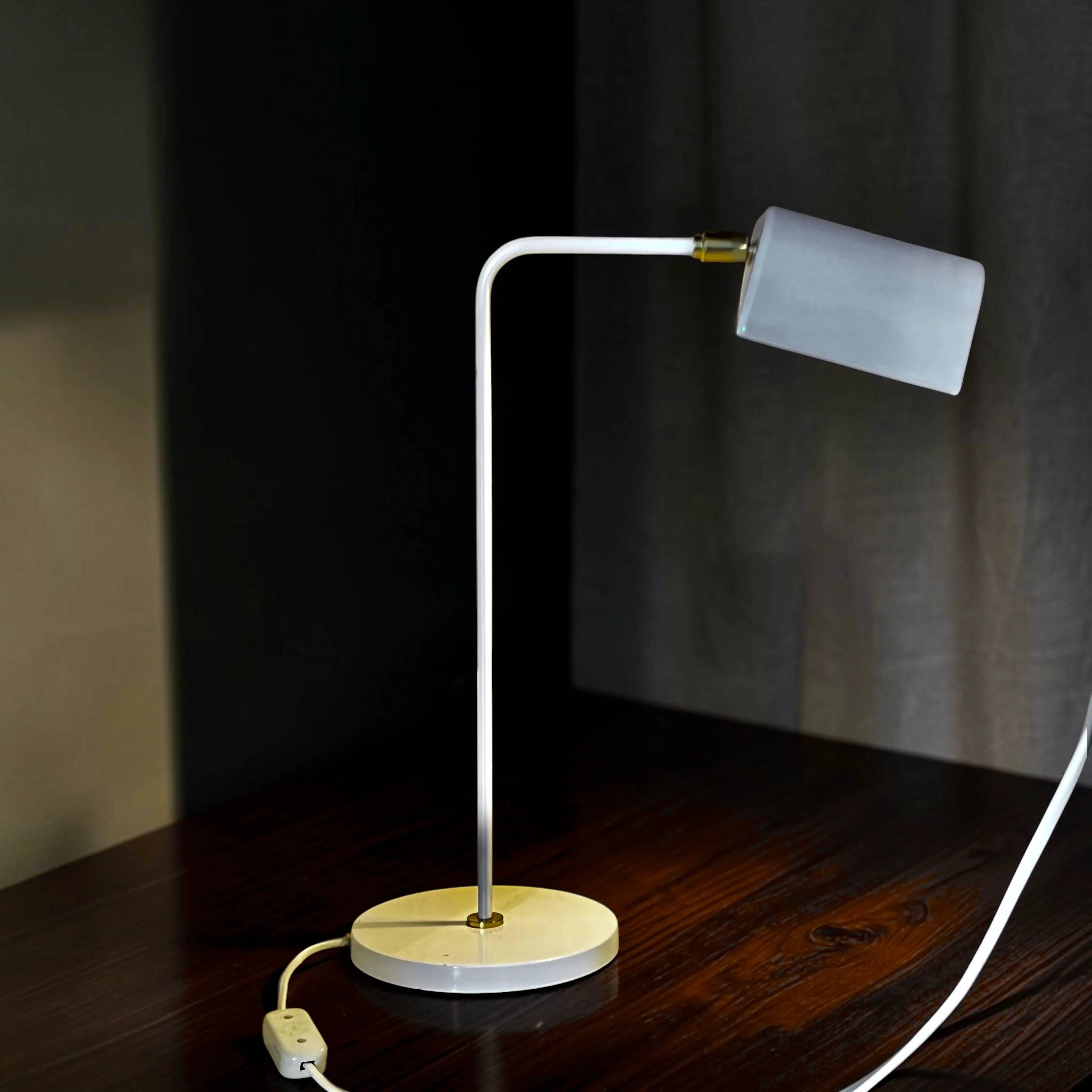 Modernist desk lamp in white metal and gold brass, Bauhaus spirit – 1960s