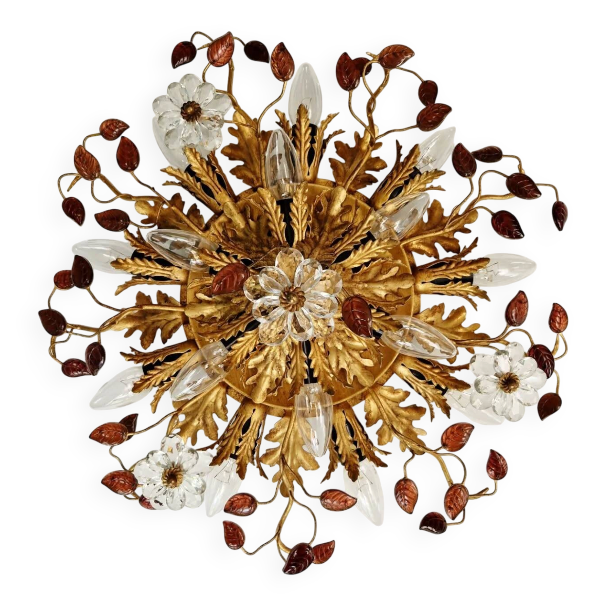 Large floral ceiling light in gilded metal and crystal, Banci Firenze, 1970.