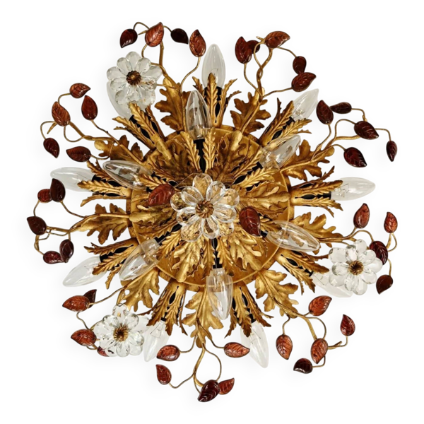 Grand plafonnier floral en métal doré et cristal, Banci Firenze, 1970