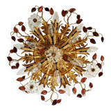 Large floral ceiling light in gilded metal and crystal, Banci Firenze, 1970.