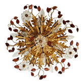 Large floral ceiling light in gilded metal and crystal, Banci Firenze, 1970.