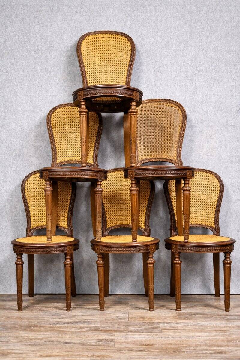 Série de 6 chaises dites “raquettes”, de style Louis XVI en acajou