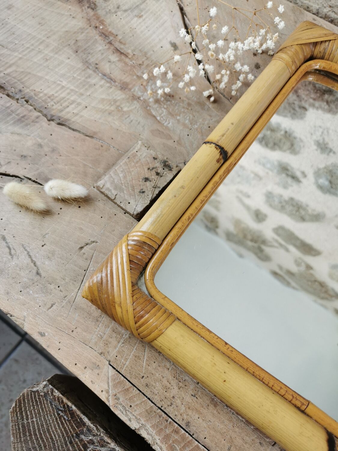 Miroir en bambou et rotin