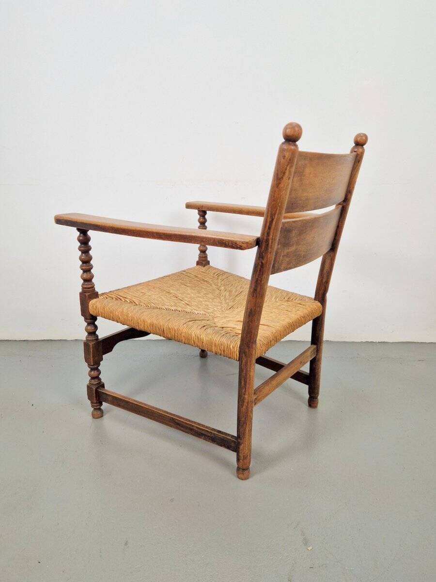Vintage Dutch Bobbin Armchair in Oak and Rush, 1930s