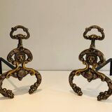 Pair of neoclassical andirons in bronze and wrought iron