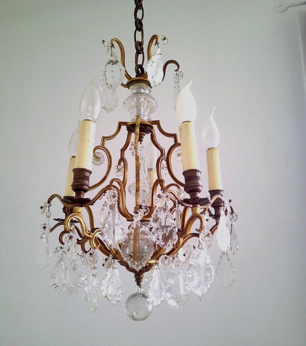 French antique bronze glass & crystal 5 light cage chandelier 4032