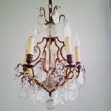 French antique bronze glass & crystal 5 light cage chandelier 4032