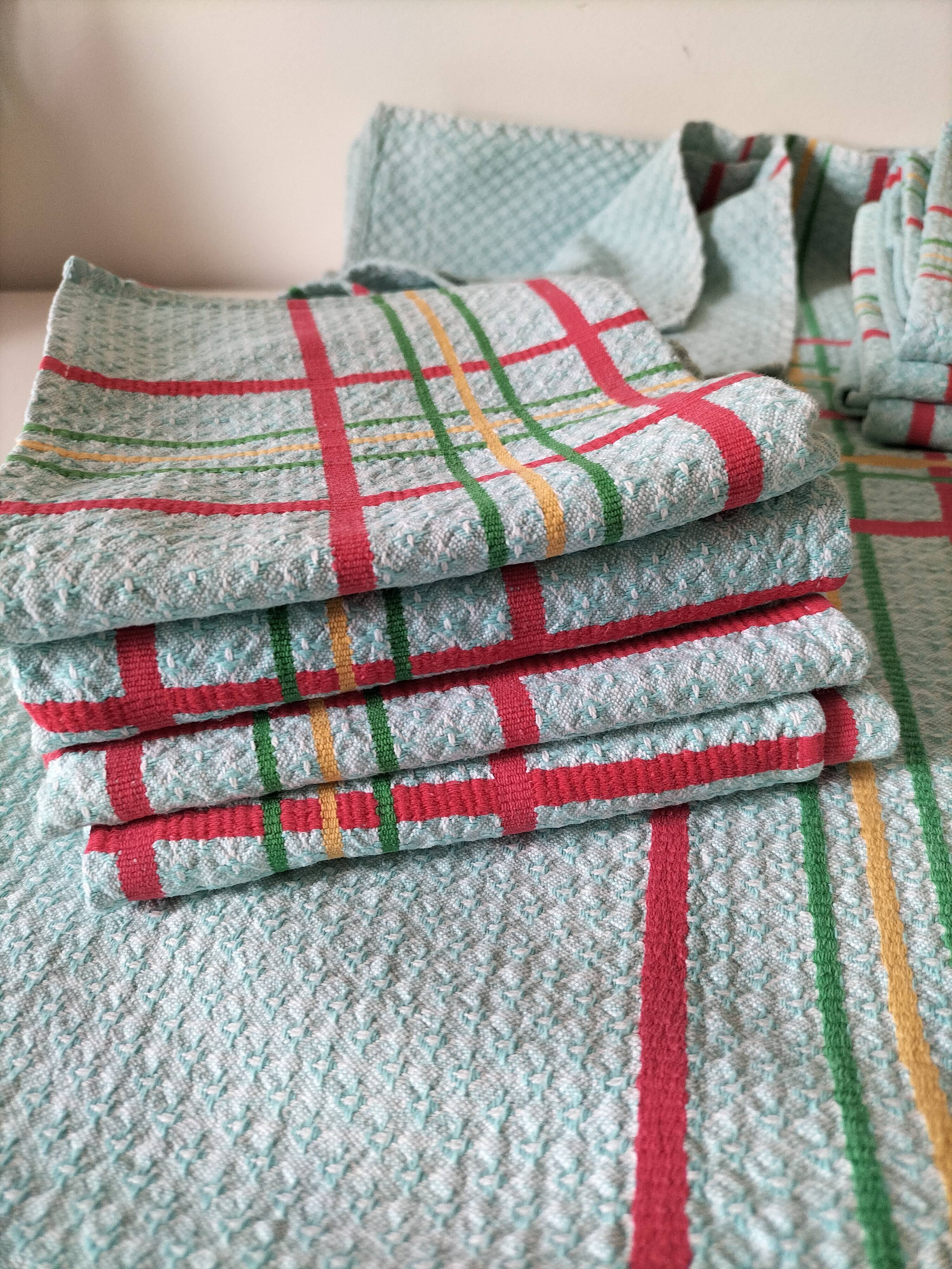 Ensemble nappe et 11 serviettes coton damassé vintage