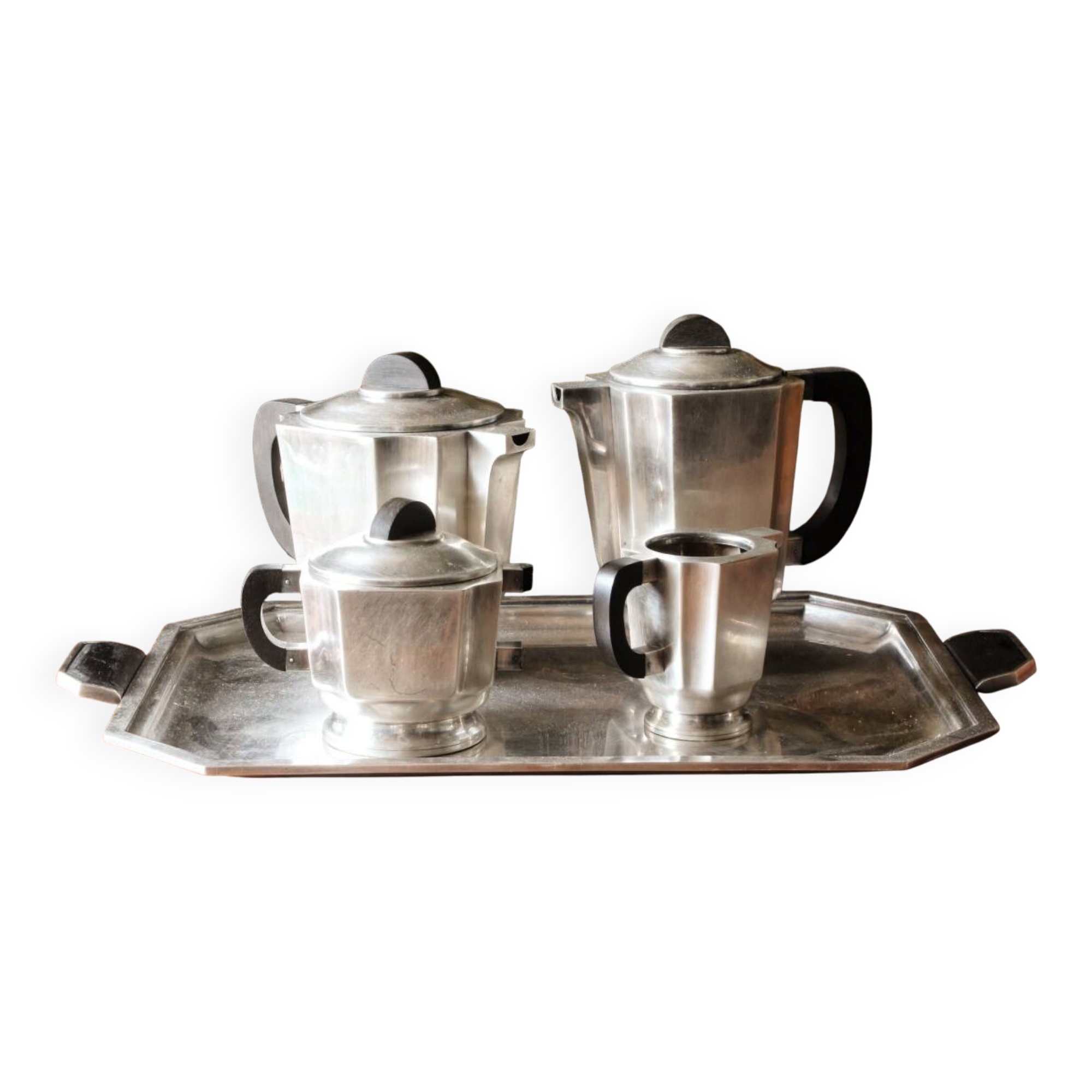 Coffee/tea service, Art Deco in silver-plated metal and ebony.