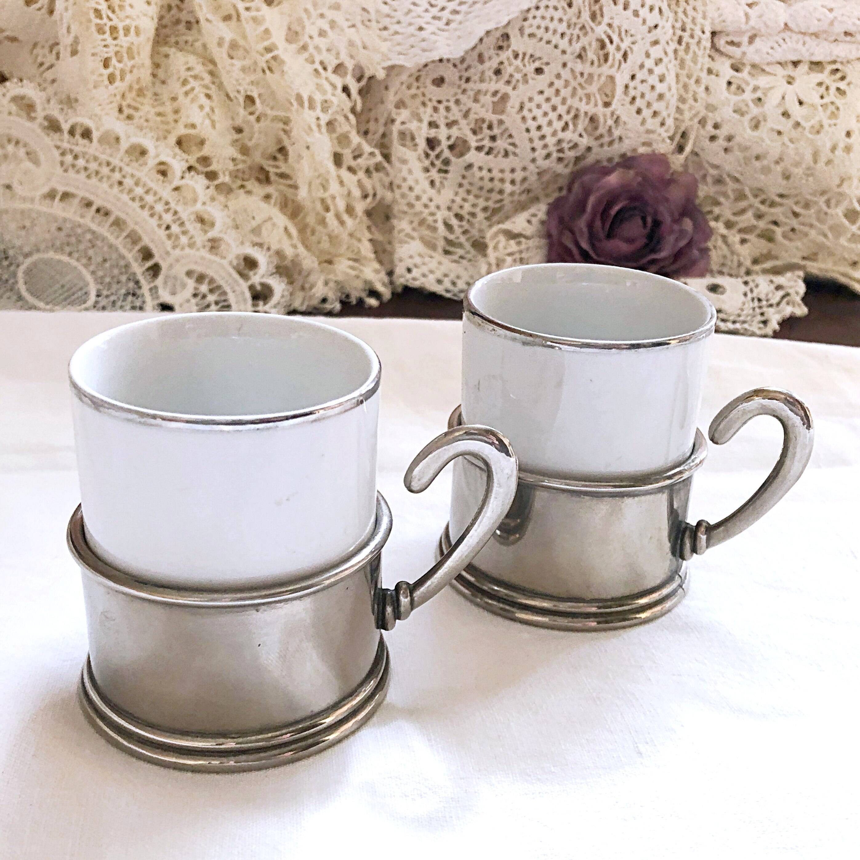 Duo Italian Porcelain Cups with Vintage Monopoly Pewter Holder