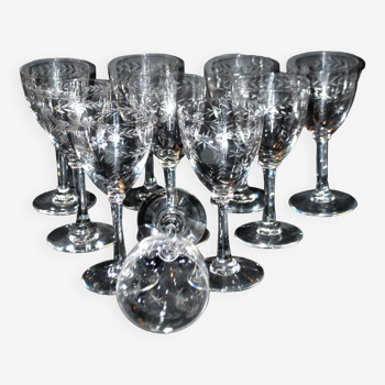 Set of 10 old crystal port glasses engraved with laurel garland wheel 1900 H11cm