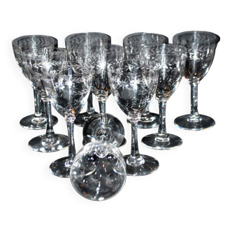 Set of 10 old crystal port glasses engraved with laurel garland wheel 1900 H11cm