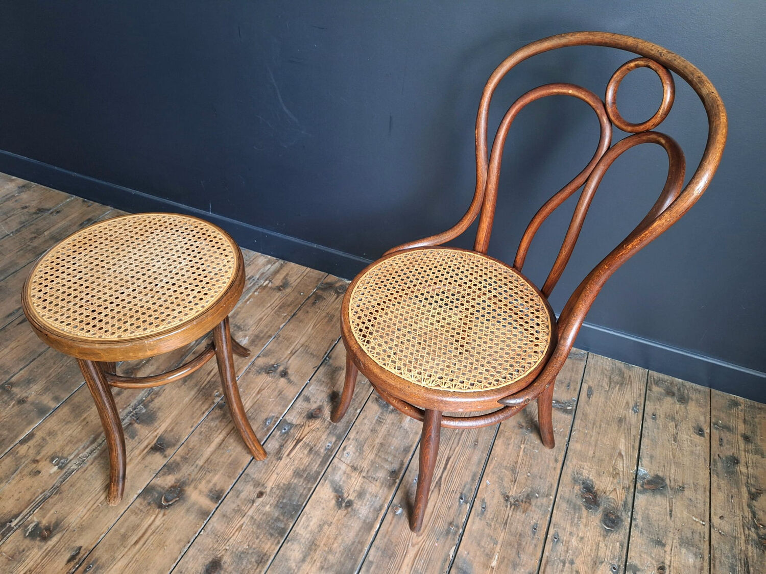 Antique Hoffman caned bistro chair, Art Deco and stool