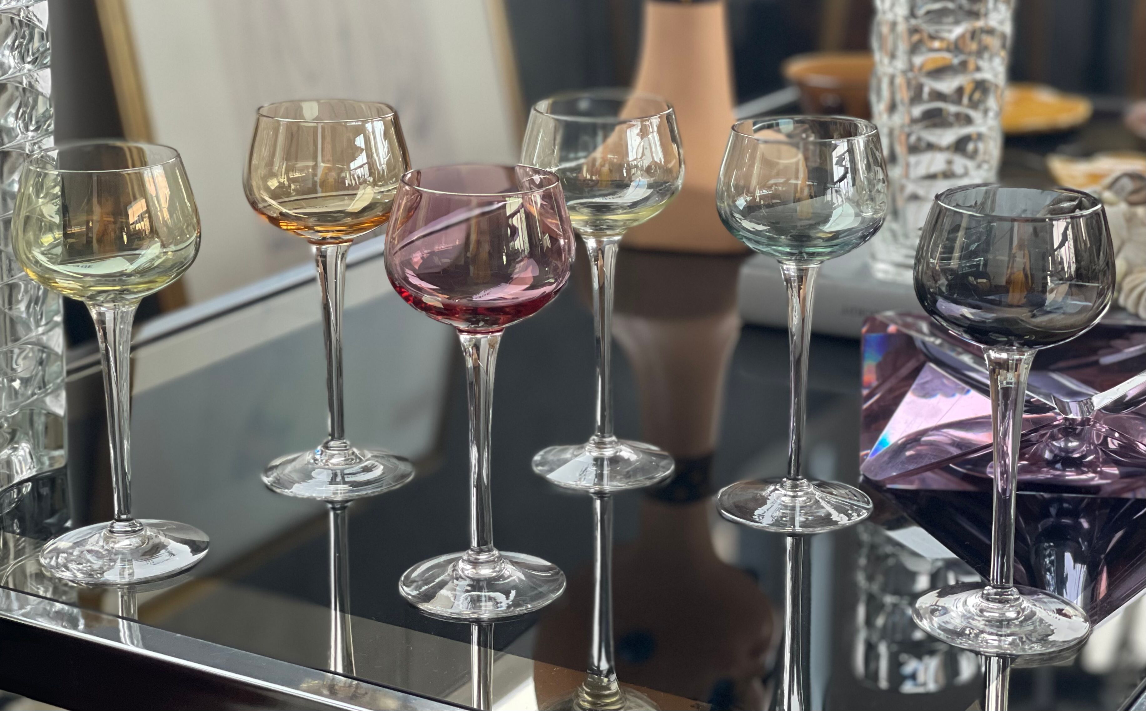 7 vintage iridescent foot glasses