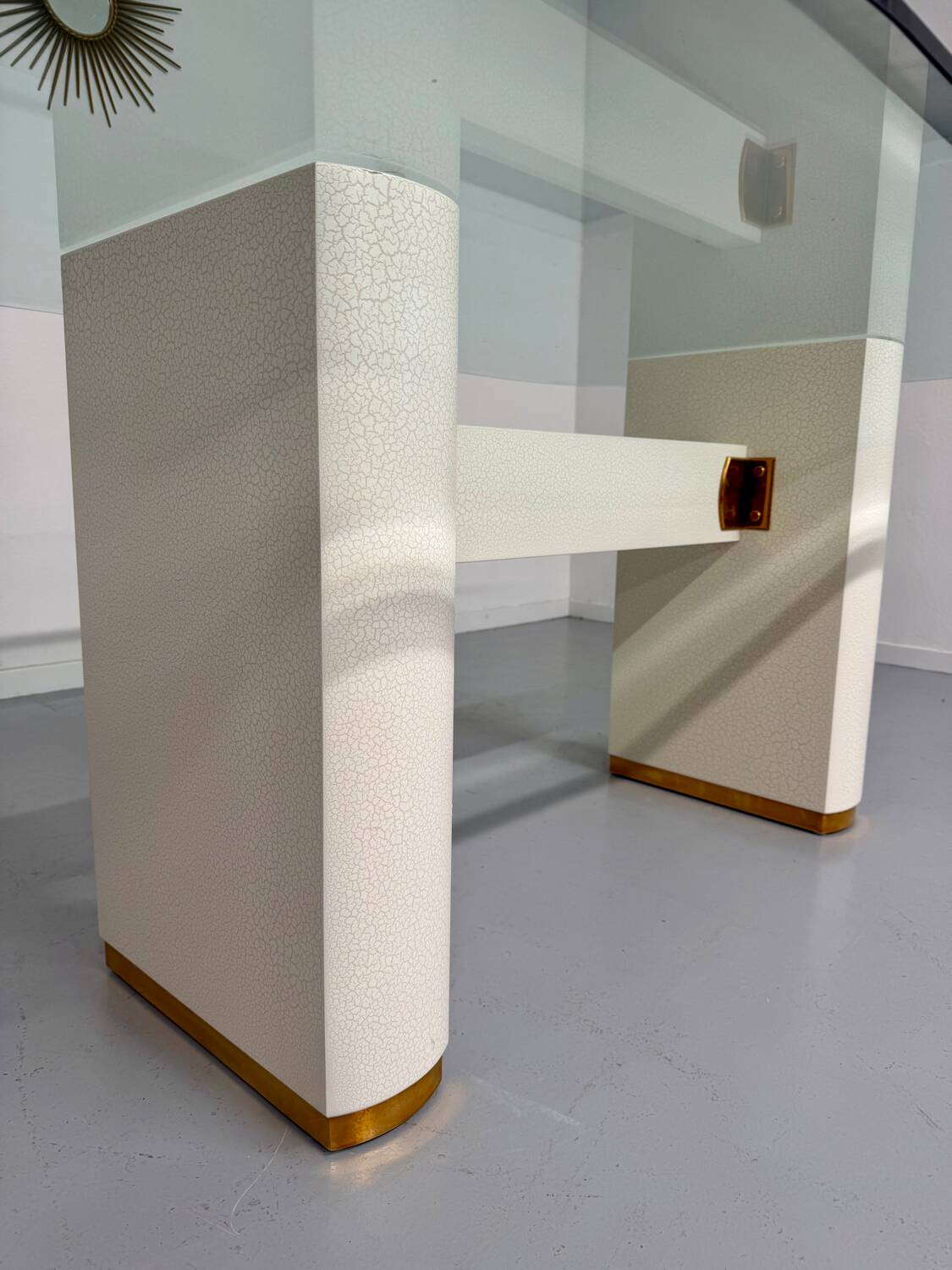 Thonet designer glass dining table with crackled lacquer finish, 1980s vintage