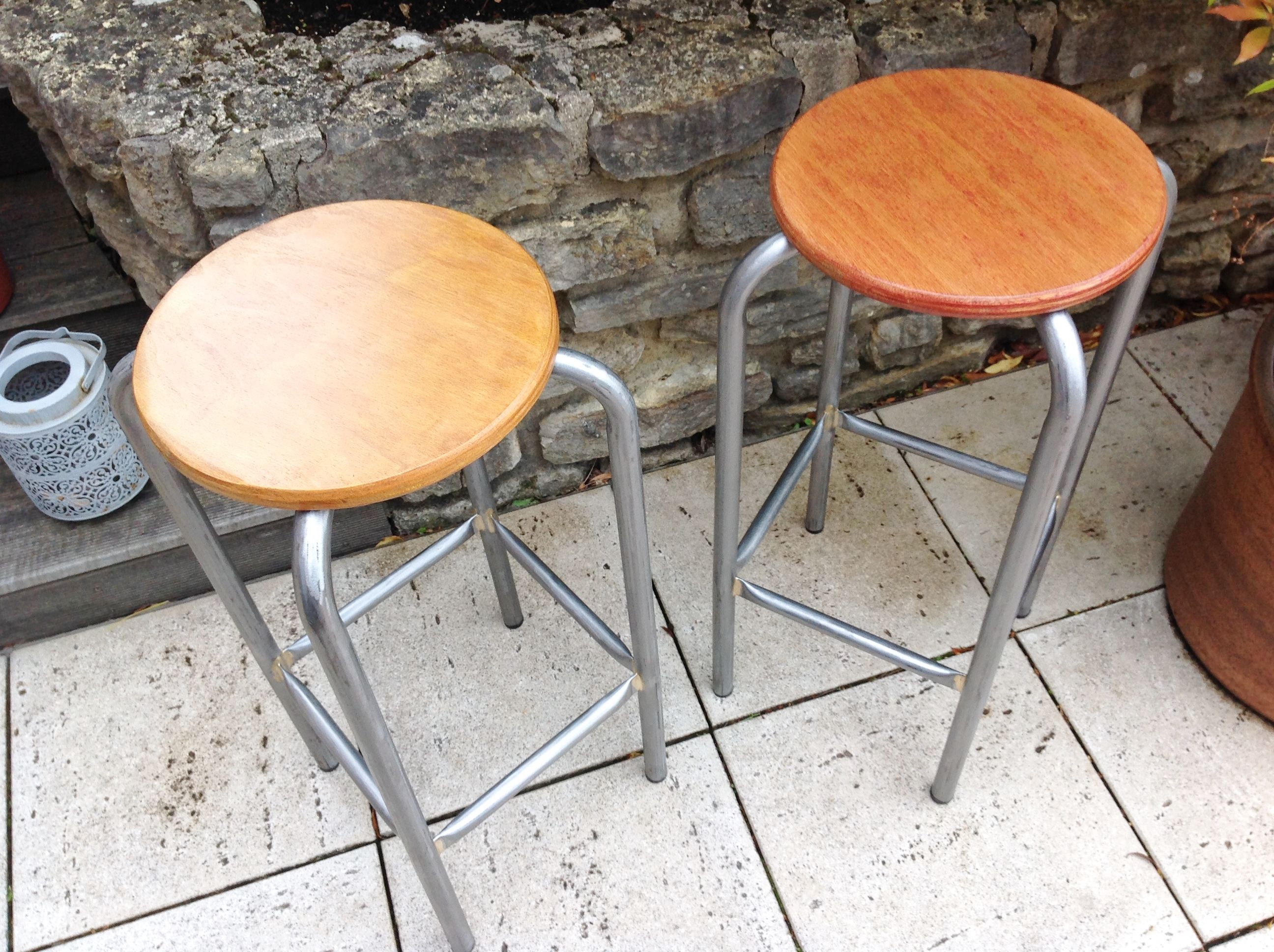 Pair of high wooden stools and metal industrial style 60/70