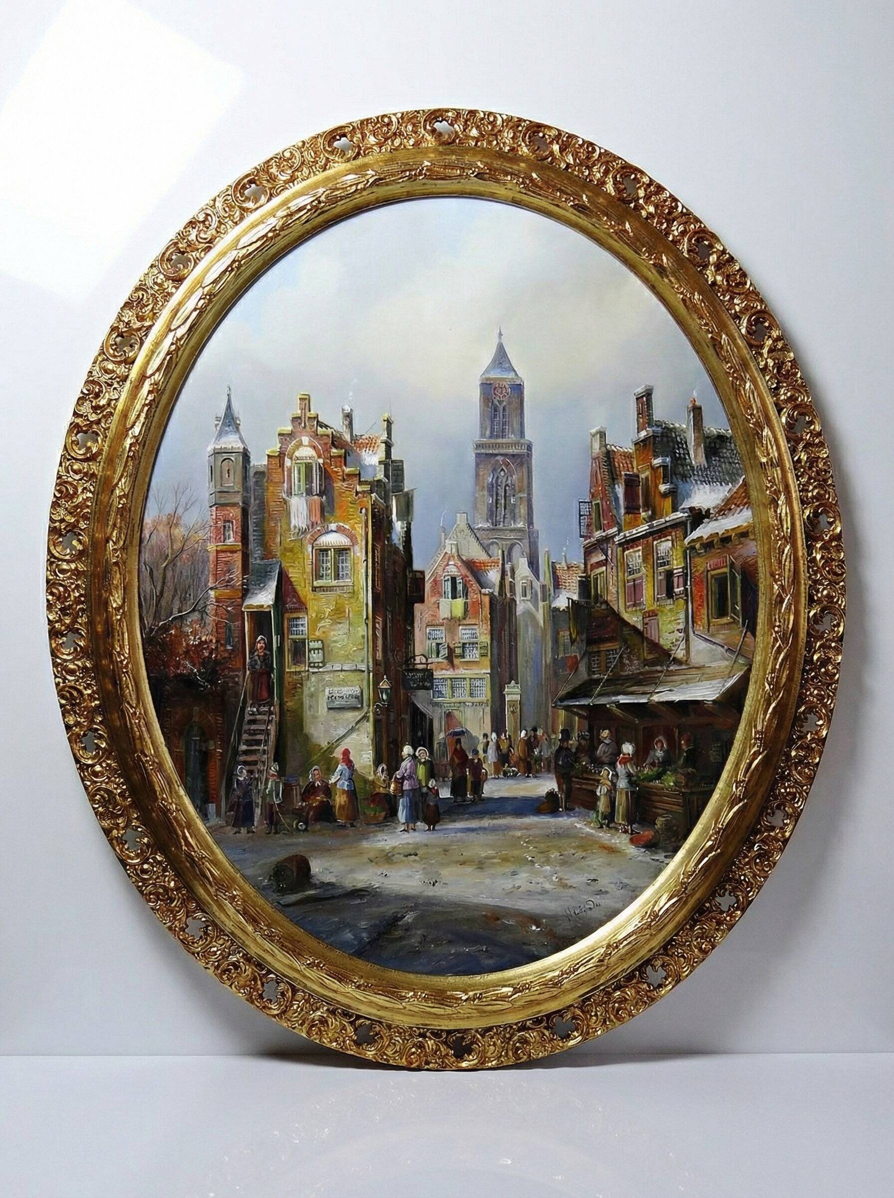 Large painting of an urban scene, oil on wood, framed, John Haanstra, vintage.