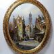 Large painting of an urban scene, oil on wood, framed, John Haanstra, vintage.