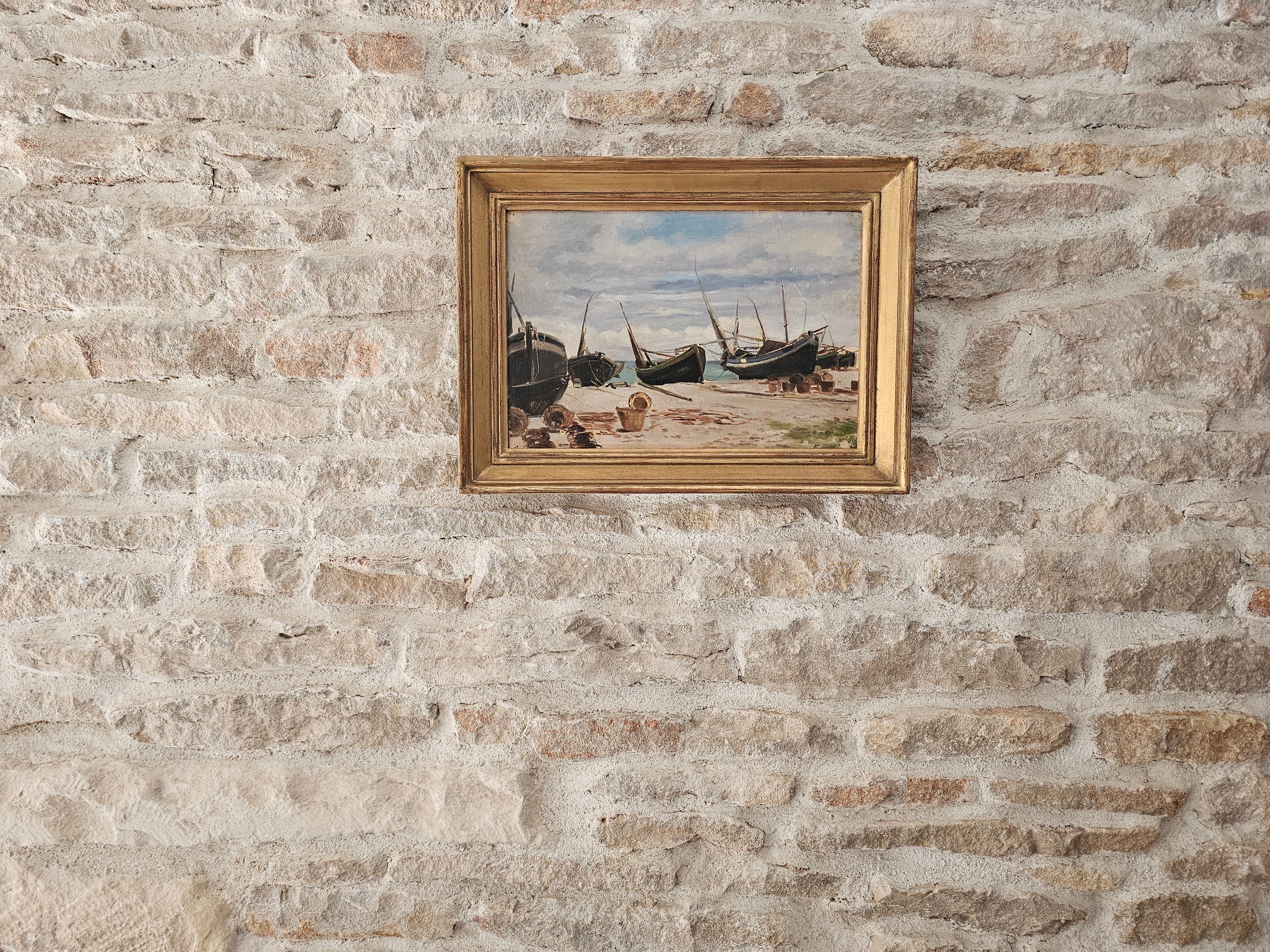 Oil on Panel - Marine Boats on Beach signed (to be identified)