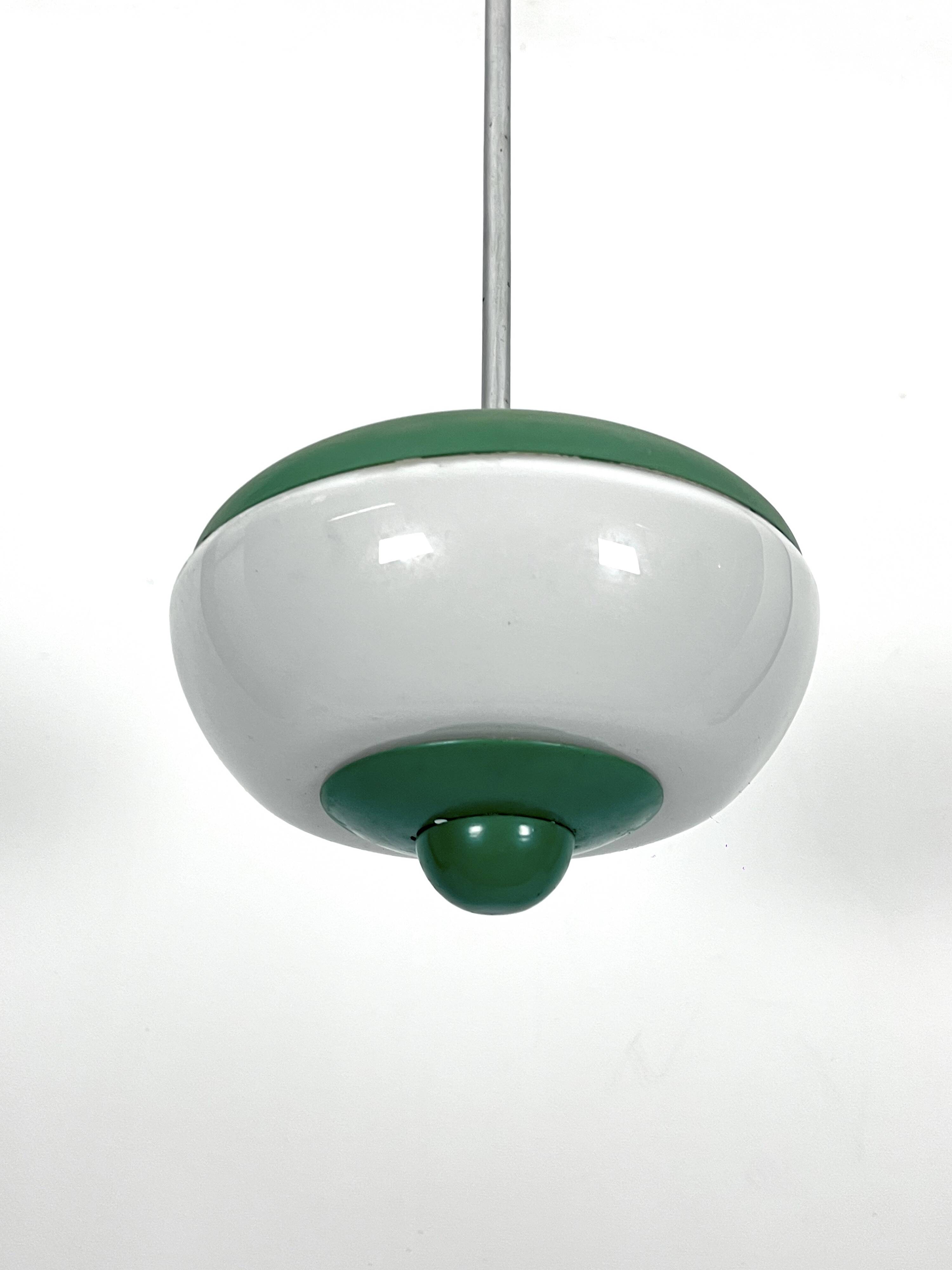 Mid-Century green lacquer and milk glass pendant. Italy 1950s