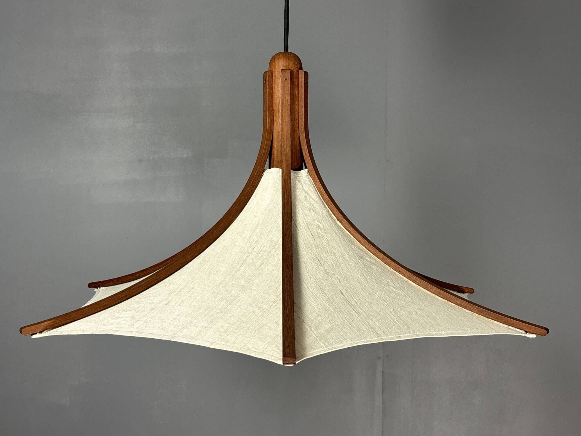 Teak And Linen Umbrella Counter Balance Pendant By Domus, 1970s