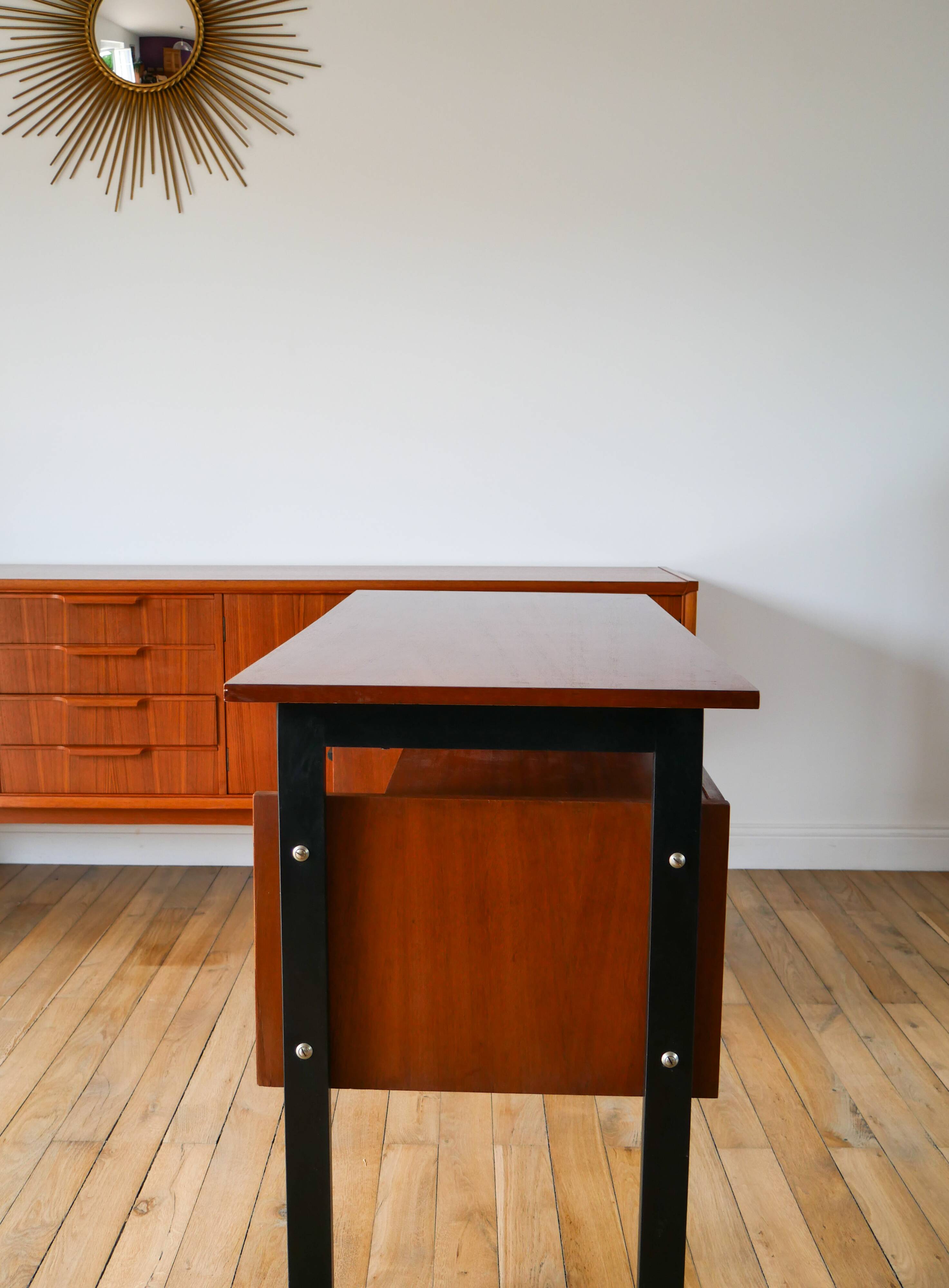 Scandinavian desk in black metal oak veneer, Modernist Design, 1960