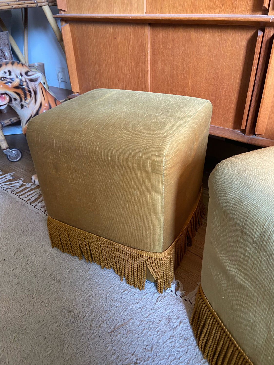 Pair of vintage fringed velvet poufs