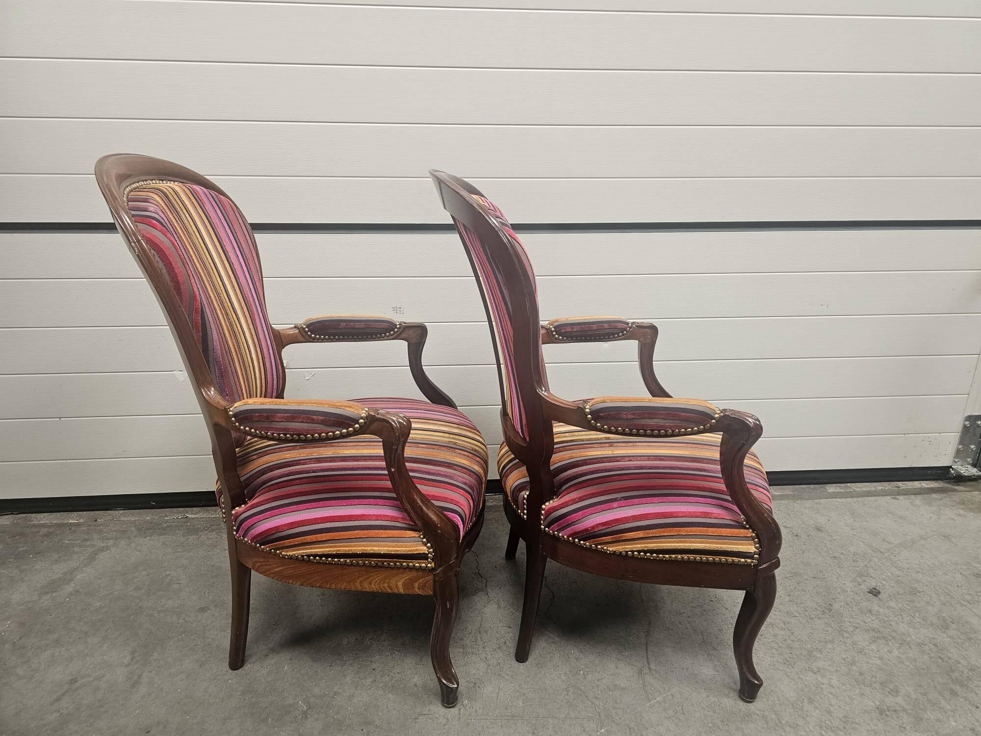 Pair of Louis Philippe armchairs in multi-colored striped velvet