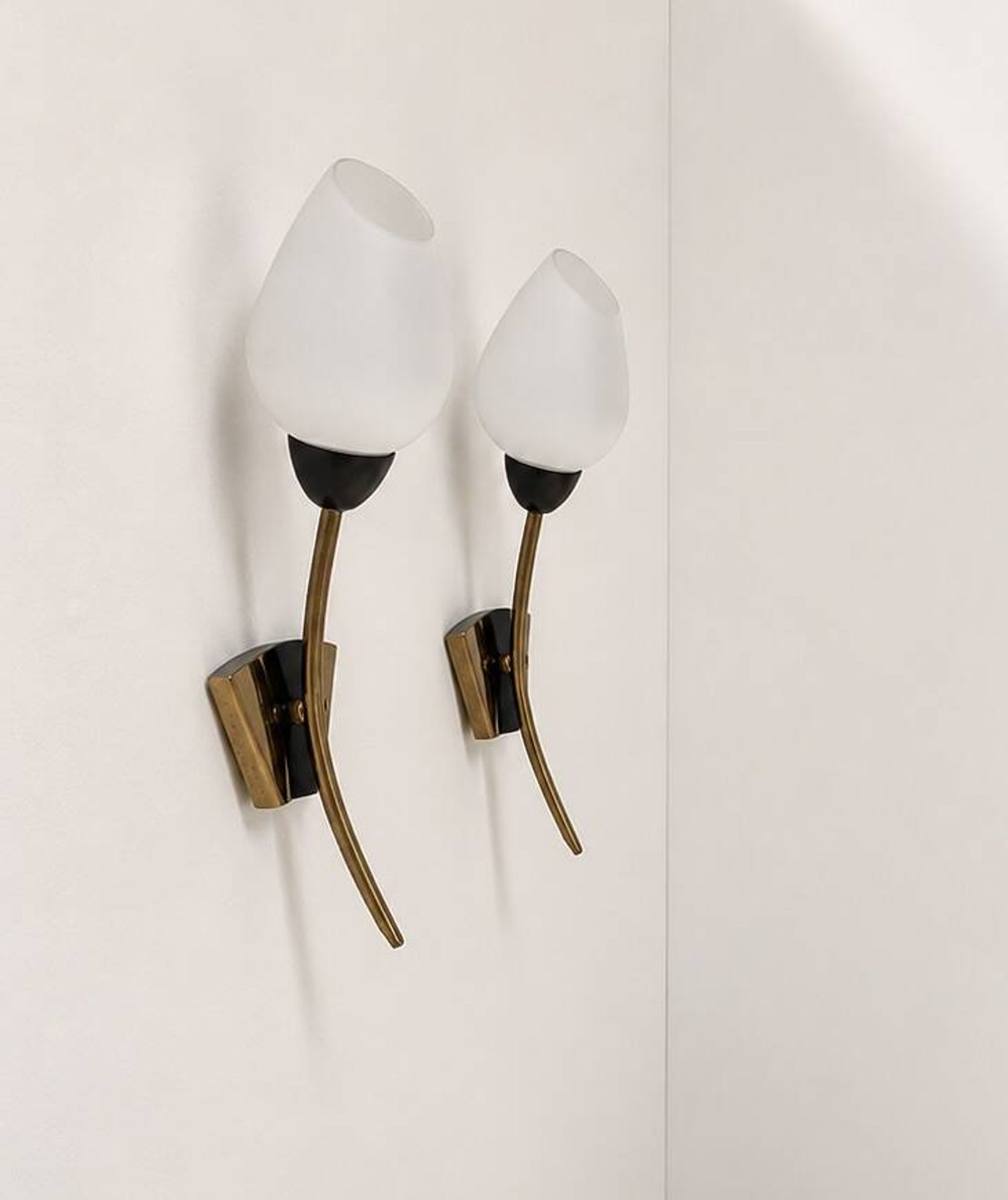Pair of vintage wall lights, brass and opaline, France, 1960.