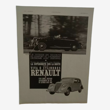 Publicité papier voiture Renault  la Viva 6 cylindres  issue revue  1937