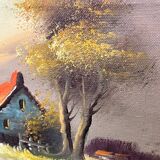 Peinture à l’huile chaumière ancien