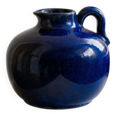 Large vintage ceramic pitcher vase from the 1960s, royal blue glaze, round shape with handle, oversized flower vase, Mid Century decoration, gift idea.