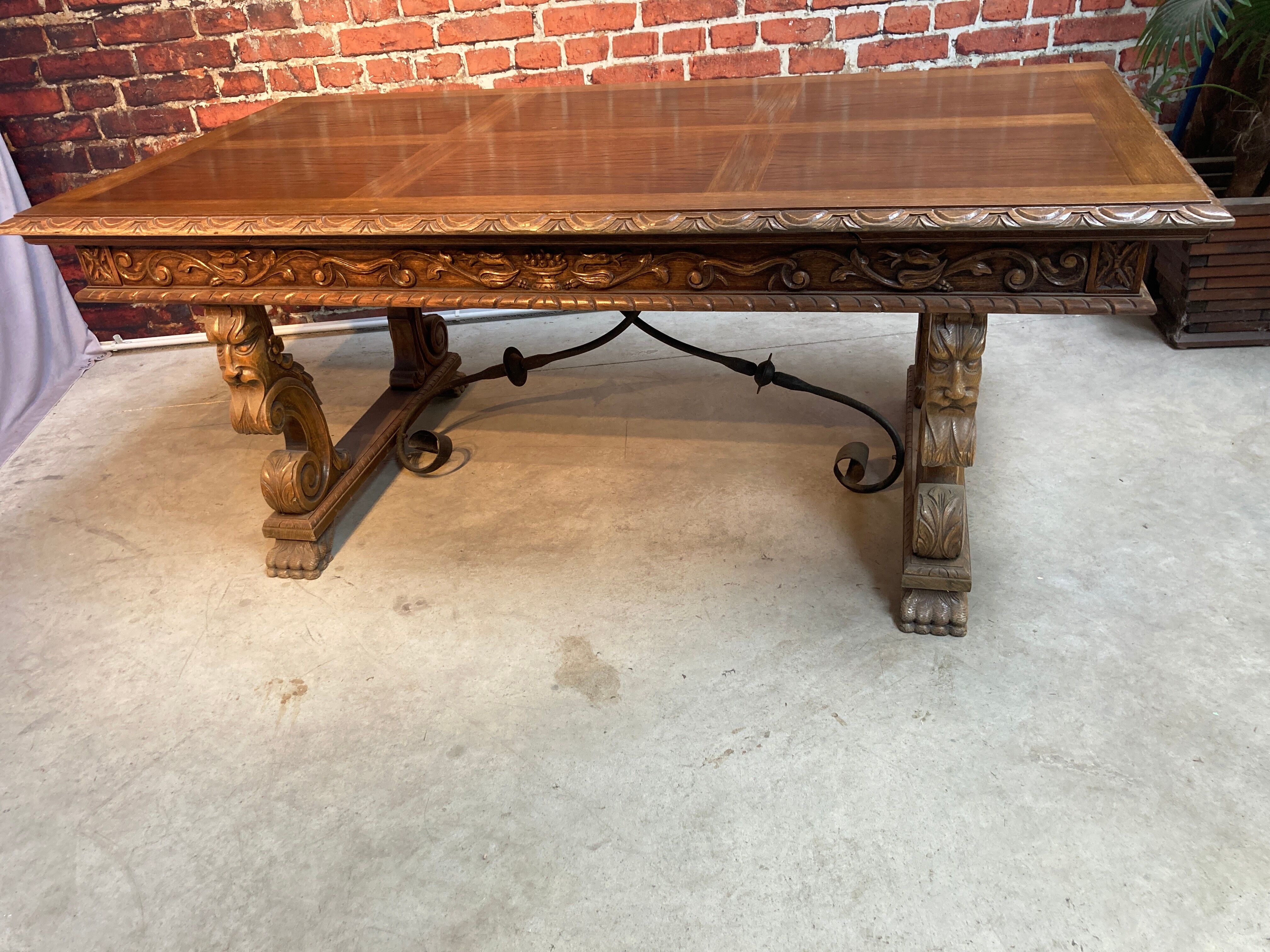 Large carved solid wood table, Spanish neo renaissance style