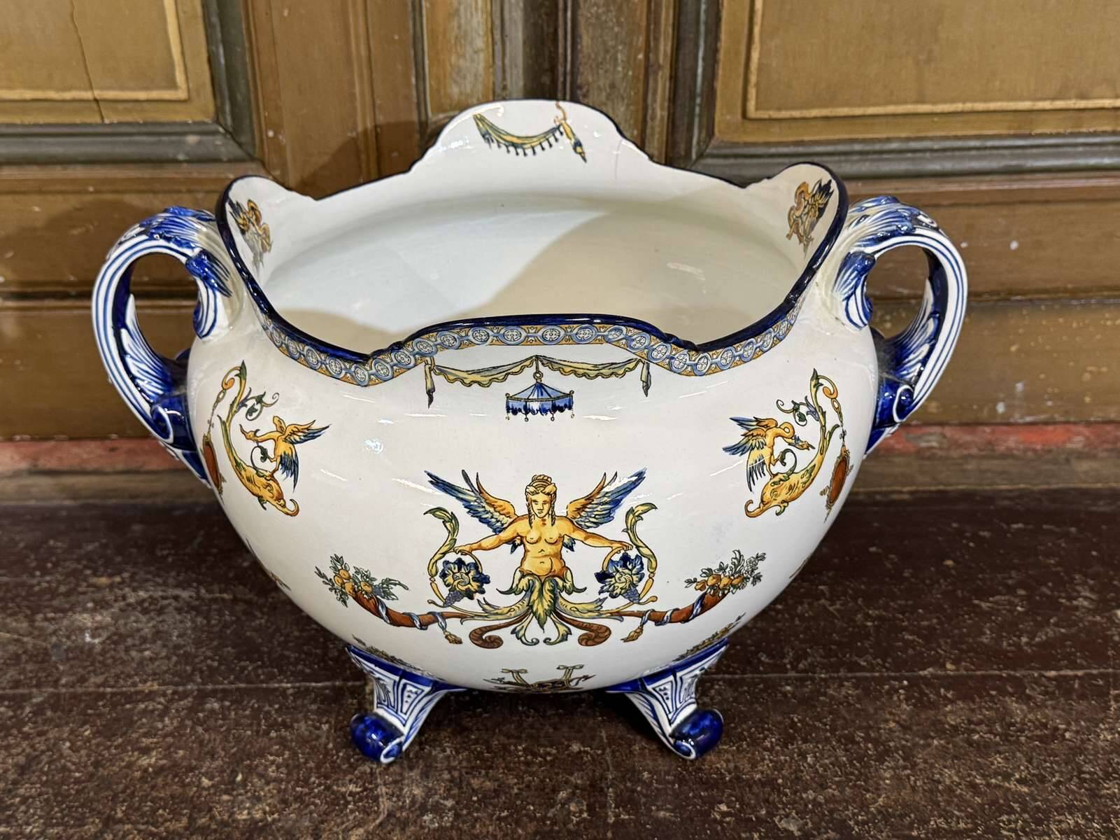 Gien earthenware cache pot from the late 19th century with Renaissance decoration.