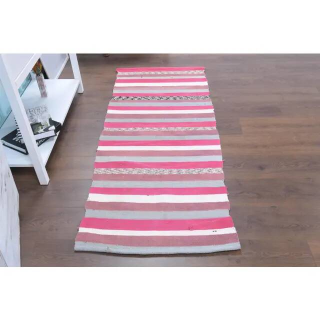 Vintage Turkish Hand-Knotted Wool Cotton Pink Kilim Runner Rug 72x172