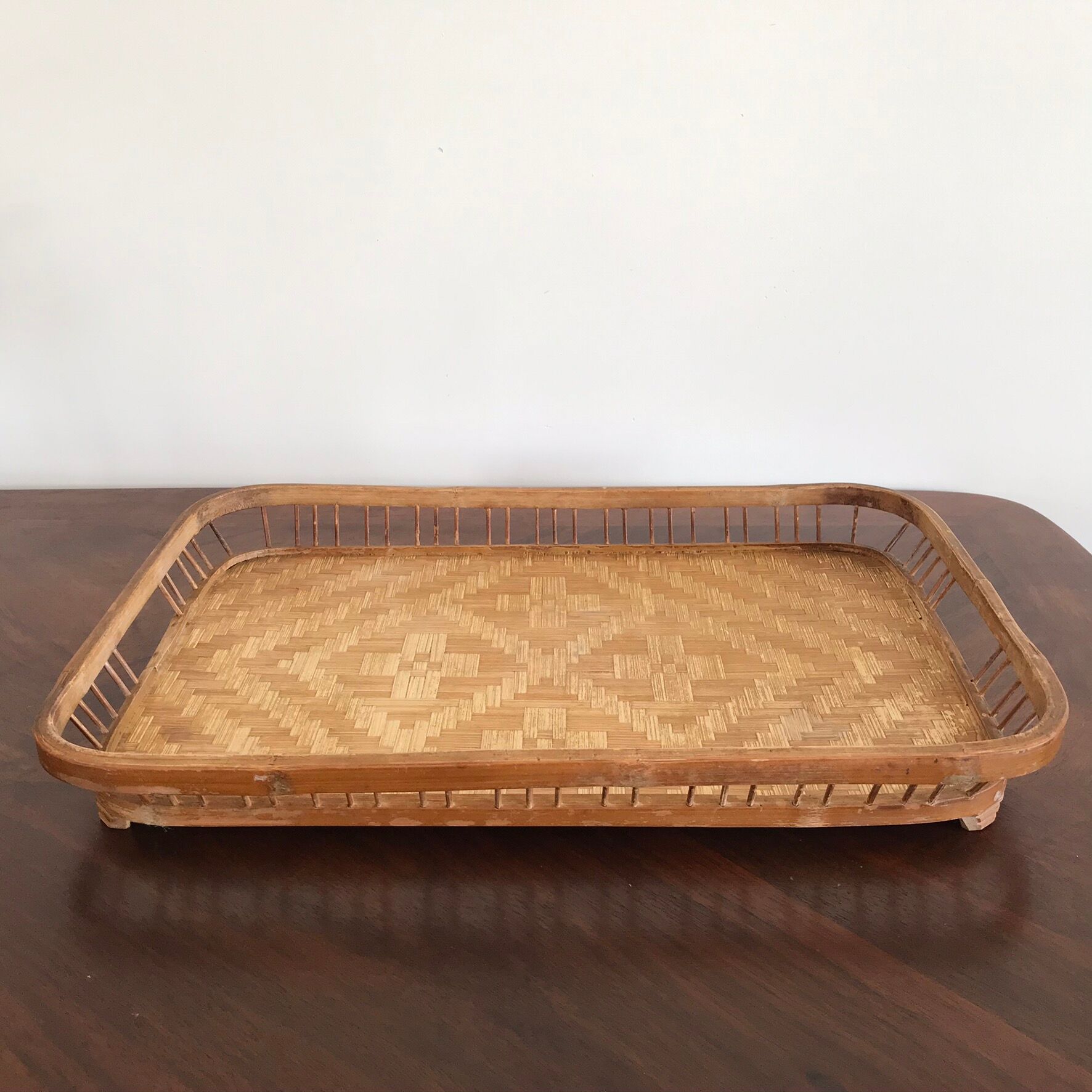 Vintage rectangular braided bamboo platter 1960