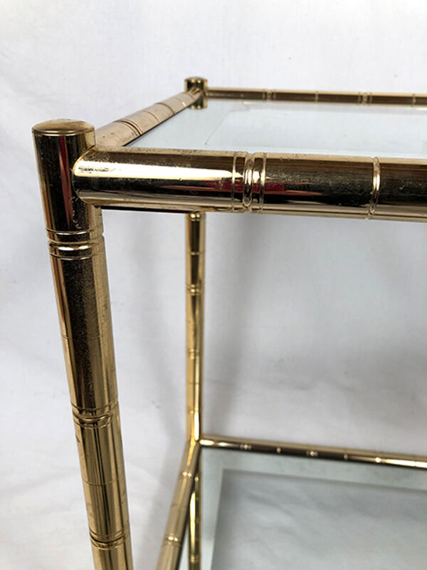 Table basse métal doré, deux plateaux vitrés Maison Lancel