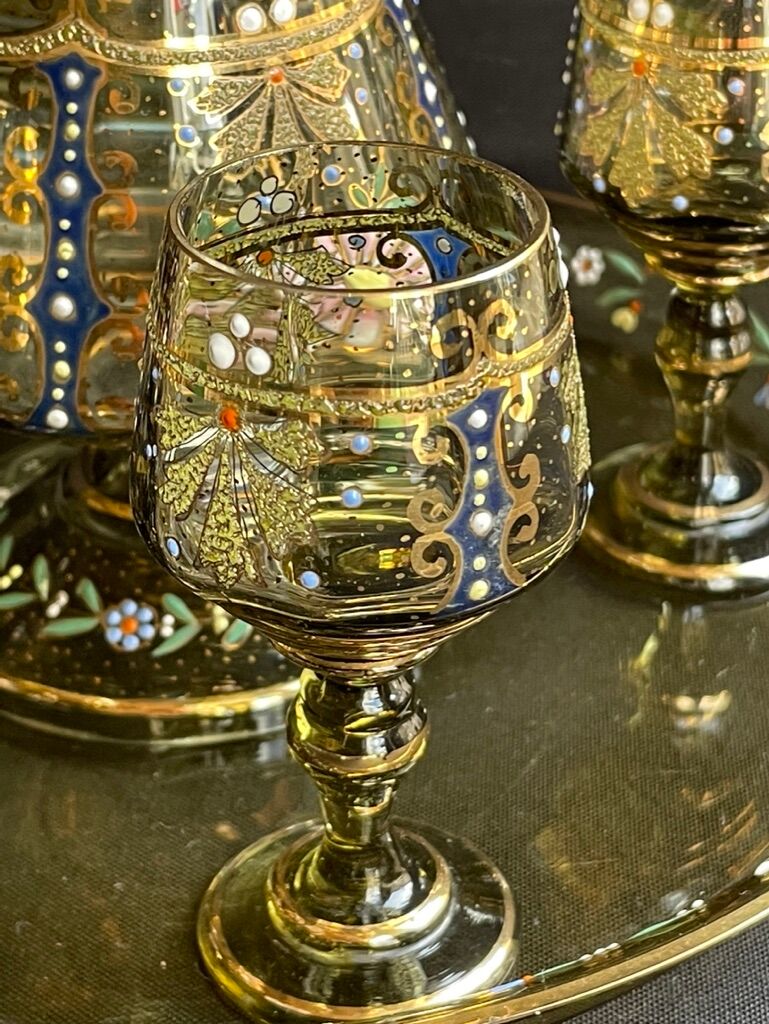 Amber crystal enamel and gilded liquor service