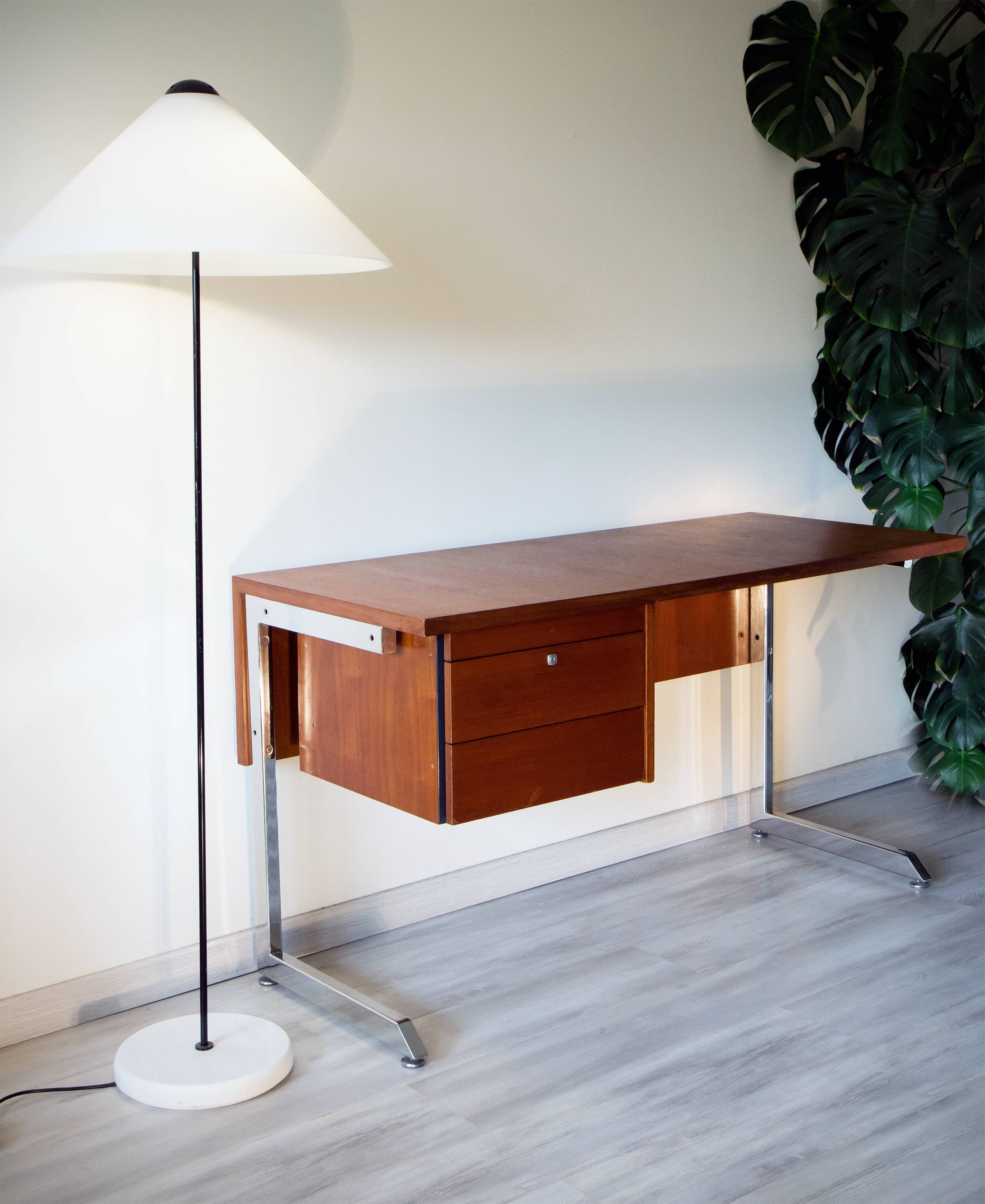 Ordo desk, teak, 1970, chrome cantilever footing