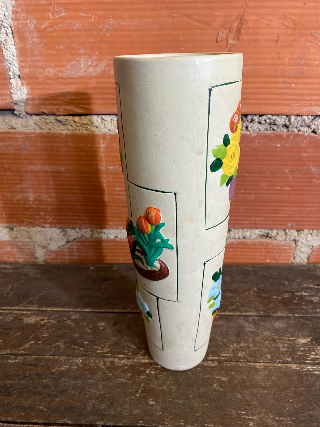 Old Rolled Vase Beige Ceramic Polychrome Flower Decor Vintage #D