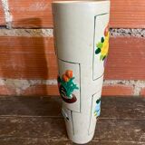 Old Rolled Vase Beige Ceramic Polychrome Flower Decor Vintage #D