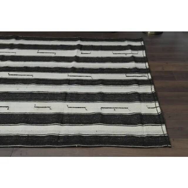Black Beige Kilim Handmade Wool Antique Area Rug 186x291
